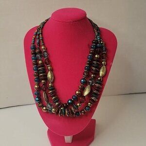 Vintage Multi-Strand Beaded Statement Necklace With Gold Blue & Green Accents